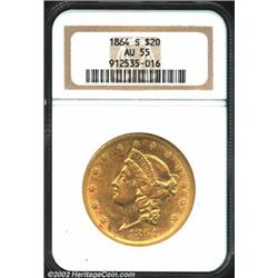 1864-S $20 AU55 NGC. Bright overall with almost complete mint luster on the reverse, the surfaces ar