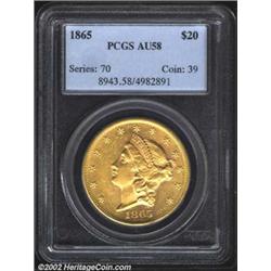 1865 $20 AU58 PCGS. Very scarce in strict Uncirculated condition, this 1865-P is close with most of.