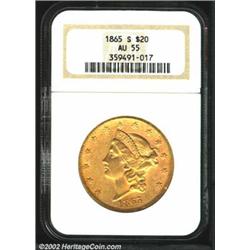 1865-S $20 AU55 NGC. A golden-brown Double Eagle that has unusual near-rainbow patina below TED in U