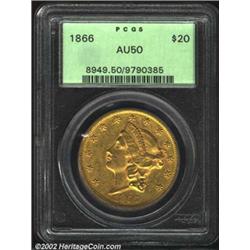 1866 $20 AU50 PCGS. An original yellow-green example that is attractive despite a small contact mark