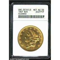 1867 $20--Cleaned--ANACS. Unc Details, Net AU50. Sharply struck and lustrous, but both sides show nu