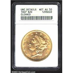 1867 $20--Cleaned--ANACS. Unc Details, Net AU50. Well struck and lustrous. Both sides are hairlined,