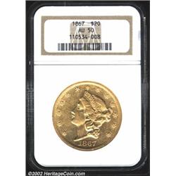 1867 $20 AU50 NGC. Lustrous for the grade, and the eye appeal is further improved as the surfaces ar