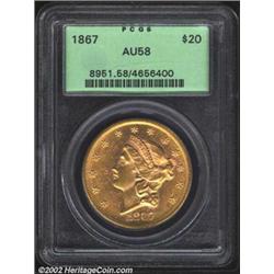 1867 $20 AU58 PCGS. Once available in hoard quantities from European sources, the 1867 is one of the