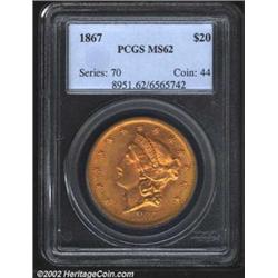 1867 $20 MS62 PCGS. Although approximately a quarter million pieces were minted, only a tiny portion