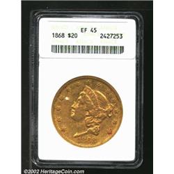 1868 $20 XF45 ANACS. Subdued yellow surfaces with some wear and expected circulation marks. There is