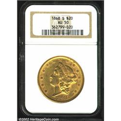 1868-S $20 AU50 NGC. The borders are somewhat softly struck, and a pair of short scratches bookend t
