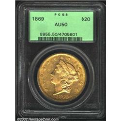 1869 $20 AU50 PCGS. An original and nicely detailed representative that has evenly distributed minor