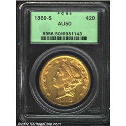 1869-S $20 AU50 PCGS. The fields have scattered unimportant abrasions, but the devices have bright l
