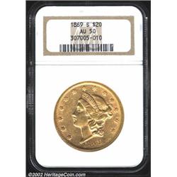 1869-S $20 AU50 NGC. The margins are lustrous, and the surfaces are only lightly abraded. The obvers