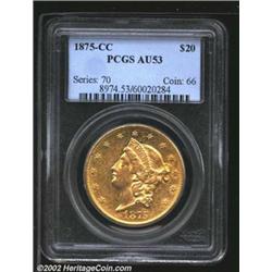 1875-CC $20 AU53 PCGS. Bright golden surfaces with some light wear and circulation marks, as one wou