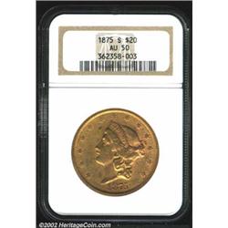 1875-S $20 AU50 NGC. A comparatively clean Double Eagle that has pleasing remaining luster and a rea