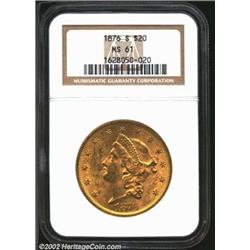 1876-S $20 MS61 NGC. Rich, yellow surfaces with considerable luster. Some abrasions on the face, as.