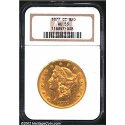 1877-CC $20 AU55 NGC. The 1877-CC has a lower original mintage (42,565 pieces) than the 1874-CC, 187