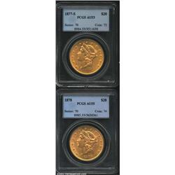 1877-S $20 AU53 PCGS, an orange-gold example with pleasing luster and clean surfaces; and an 1878 AU