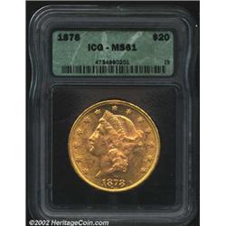 1878 $20 MS61 ICG. Breen-7270, "very rare." The reverse is die doubled, most noticeably on DOLLARS a