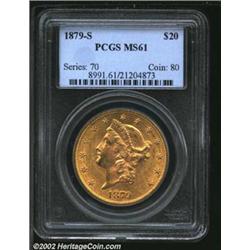 1879-S $20 MS61 PCGS. The fields have yellow-green color, while pinkish patina lurks within the devi