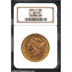 1880-S $20 AU58 NGC. Just shy of a Mint State grade, the surfaces are sharply detailed overall with.