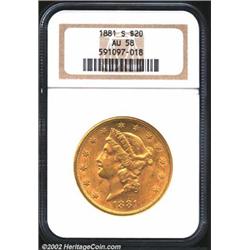 1881-S $20 AU58 NGC. The number of abrasions is not excessive for a circulated gold coin of this siz