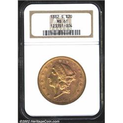 1882-S $20 MS61 NGC. The rose-gold patina is especially rich on the reverse. Attractive despite a fe