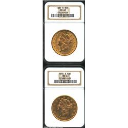 1884-S $20 MS61 NGC, two examples, the first coin is moderately abraded and has attractive prooflike