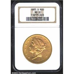1885-S $20 MS61 NGC. A lustrous example that has superior eye appeal for this typically bagmarked gr