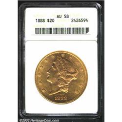 1888 $20 AU58 ANACS. A flashy and well struck example that is attractive despite scattered insignifi
