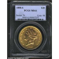 1888-S $20 MS61 PCGS. Soft, golden surfaces with somewhat subdued frosty luster. A number of luster.