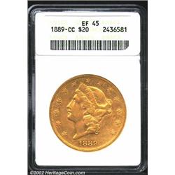 1889-CC $20 XF45 ANACS. Bright golden surfaces with some original mint luster around some of the dev