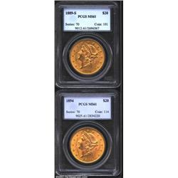 1889-S $20 MS61 PCGS, originally preserved with reddish-gold color, the surfaces are boldly defined.