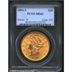 1891-S $20 MS63 PCGS. A well struck and lustrous representative with olive-green fields and pinkish.