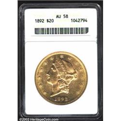 1892 $20 AU58 ANACS. The 1892 is a very scarce P-mint Double Eagle. Only 4,523 pieces were struck, 9