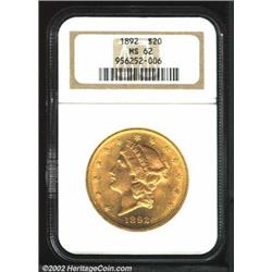 1892 $20 MS62 NGC. A solid Mint State example of this rarely encountered P-mint Double Eagle. Fully.