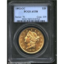 1892-CC $20 AU58 PCGS. A well struck coin with mildly prooflike fields that retain nearly all of the