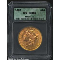 1893 $20 MS62 ICG. A bright and lustrous Double Eagle. The portrait is bathed in pinkish luster. The