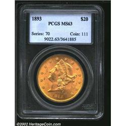 1893 $20 MS63 PCGS. A well struck and satiny lustrous lemon-gold example. The surfaces are pleasing,