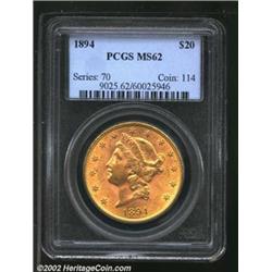 1894 $20 MS62 PCGS. Golden, subtle lustrous surfaces. Typical marks and eye appeal for the grade, in