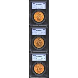 1894 $20 MS62 PCGS, richly colored in reddish-gold hues, this coin is sharply detailed in all areas;
