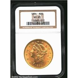 1894 $20 MS63 NGC. Fully struck with lovely mint luster, the obverse has a few small abrasions scatt