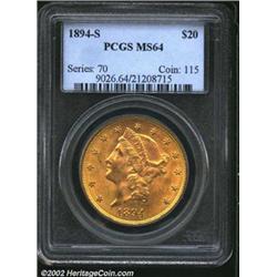 1894-S $20 MS64 PCGS. Like the 1889-S, 1895-S, 1896-S, 1903-S, and 1906-S, the 1894-S is a relativel