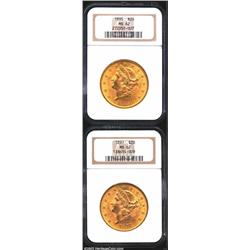 1895 $20 MS62 NGC, the richly colored, reddish-gold surfaces are uncommonly abrasion-free for the as