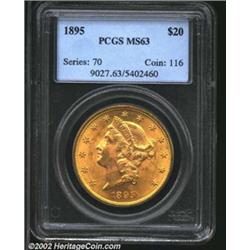 1895 $20 MS63 PCGS. Boldly lustrous surfaces with a typical number of field marks and cheek abrasion