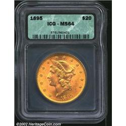1895 $20 MS64 ICG. A flashy near-Gem with a bold strike and good eye appeal due to the clean surface