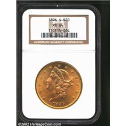 1896-S $20 MS64 NGC. An otherwise plentiful date, the 1896-S has a limited certified population in M