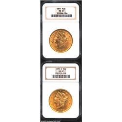 1897 $20 MS61 NGC, golden-rose in shade, the surfaces are well frosted with grade-defining abrasions