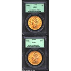 1897 $20 MS62 PCGS; and an 1899 MS62 PCGS. Both coins display warm reddish-gold and orange-gold colo