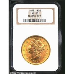 1897 $20 MS63 NGC. Bright, lustrous golden surfaces with an expected number of marks on the cheek an