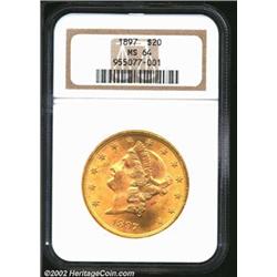 1897 $20 MS64 NGC. Fully struck, each side is covered with soft mint frost and the surfaces are mini