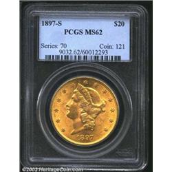 1897-S $20 MS62 PCGS. Richly lustrous fields suggest a much higher grade, and the expected contact m