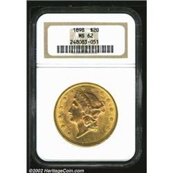 1898 $20 MS62 NGC. Well struck with deep golden-orange coloration. Some scattered abrasions and fiel